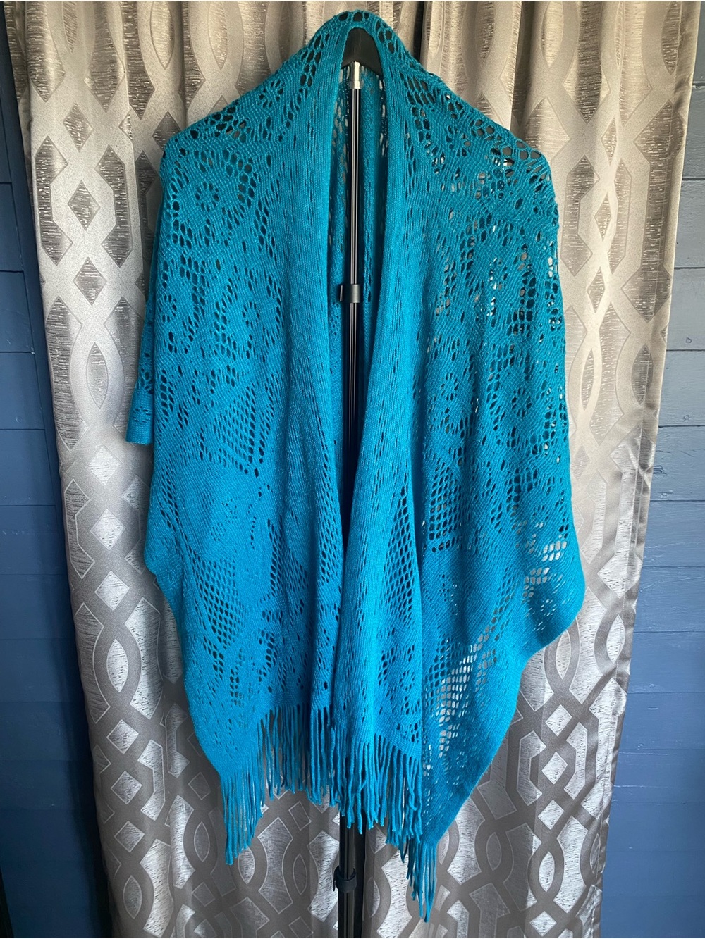 Turquoise Crochet Butterfly Shawl Fringe Wrap Boho Open Knit Soft OS Beachware